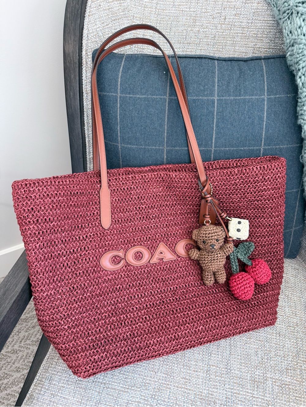 Coach Straw Tote Bag in Rosewood with Leather Trim